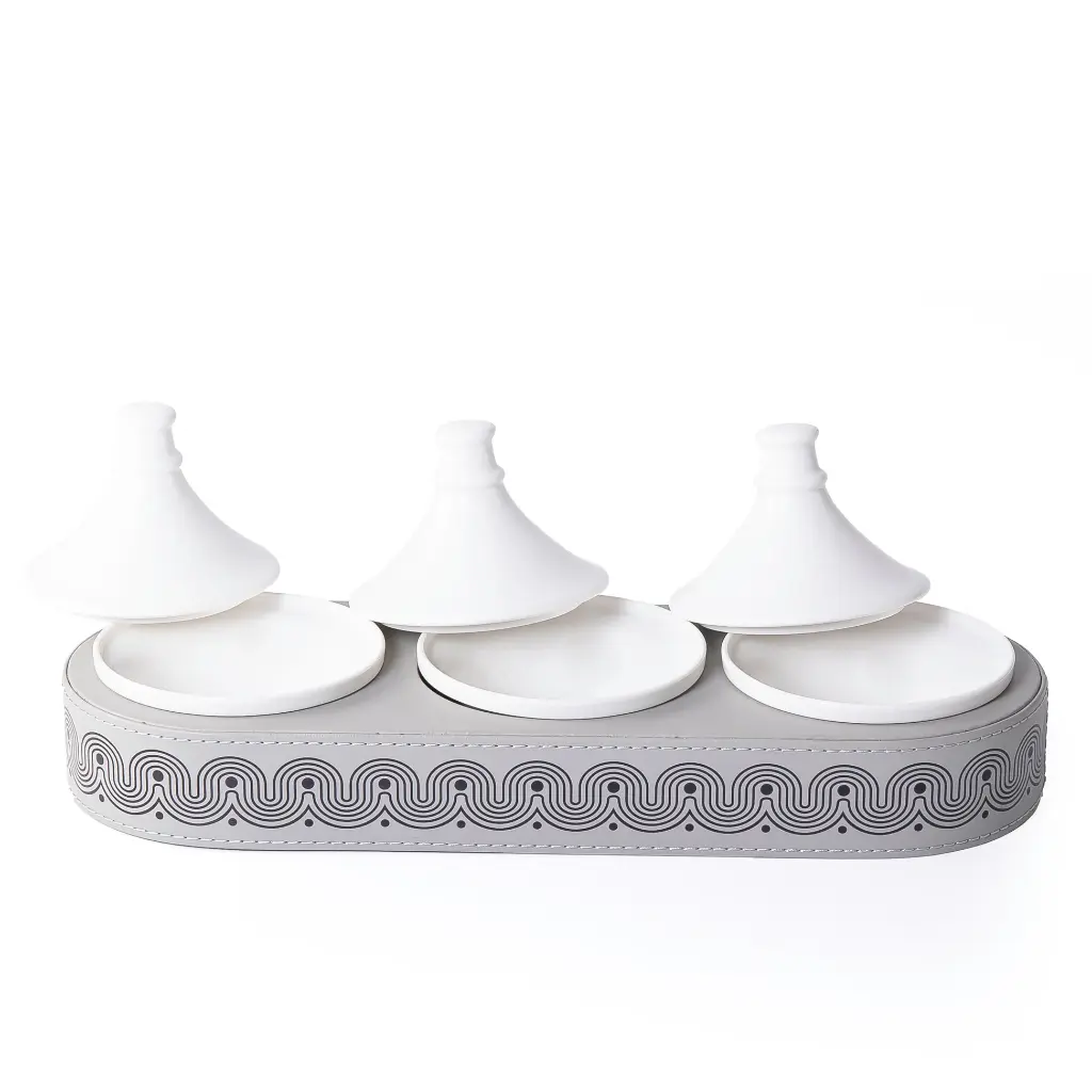CF-Leather Oval stand with 3 Pyramid-Shaped Ceramic Bowls-40.5x14.5x5cm