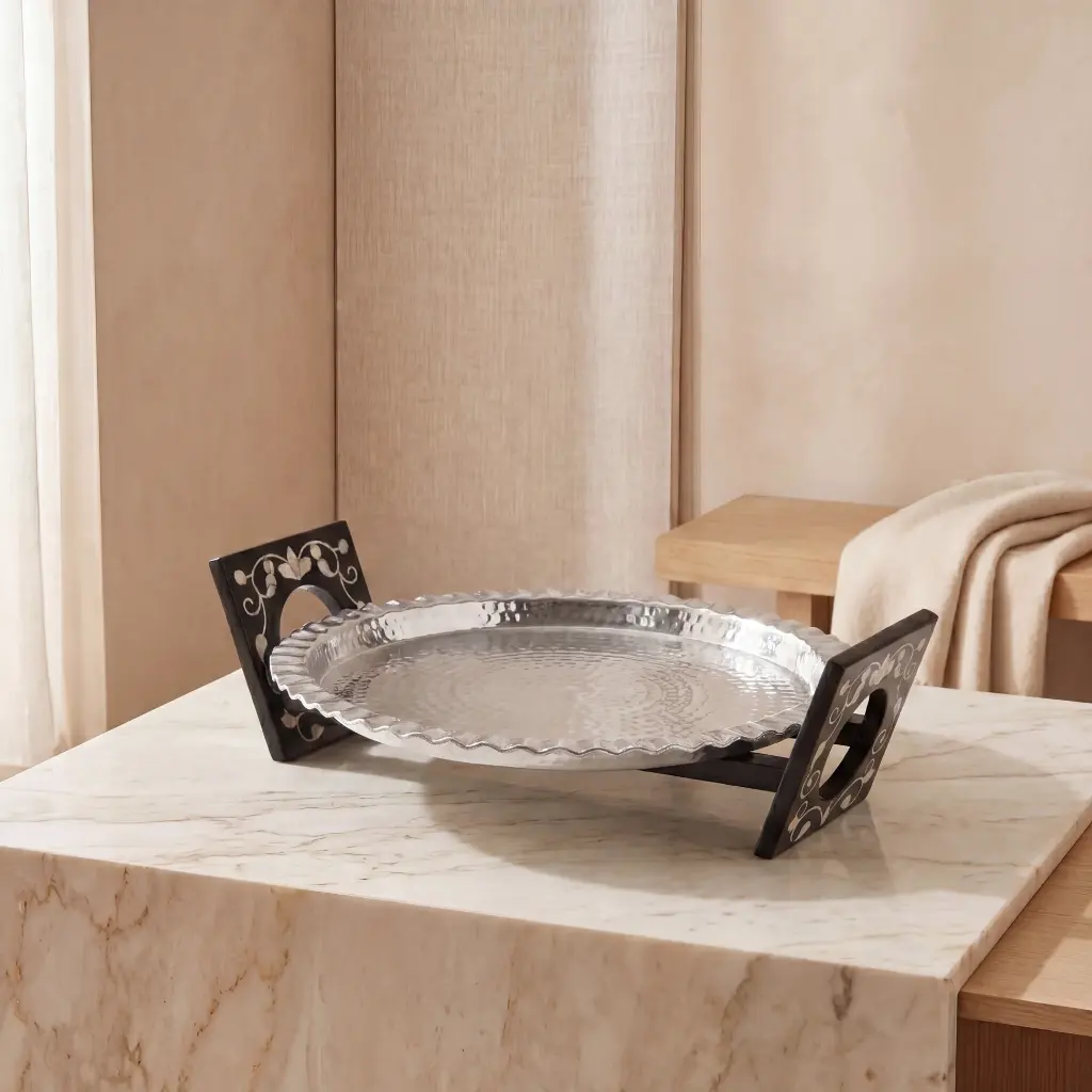 CF-Round Aluminium Tray with MOP Resin Stand-M - Siliver Finish - AHE-LB48 - 45*39*12 