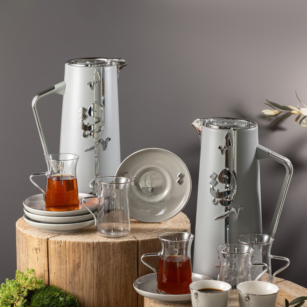 OT- Set of 6 Cups and Saucers and 6 Arabic Coffee Cups and Sugar Pot and 2 Flasks