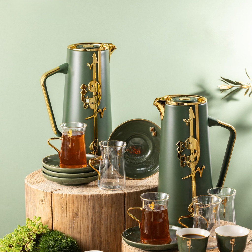 OT- Set of 6 Cups and Saucers and 6 Arabic Coffee Cups and Sugar Pot and 2 Flasks
