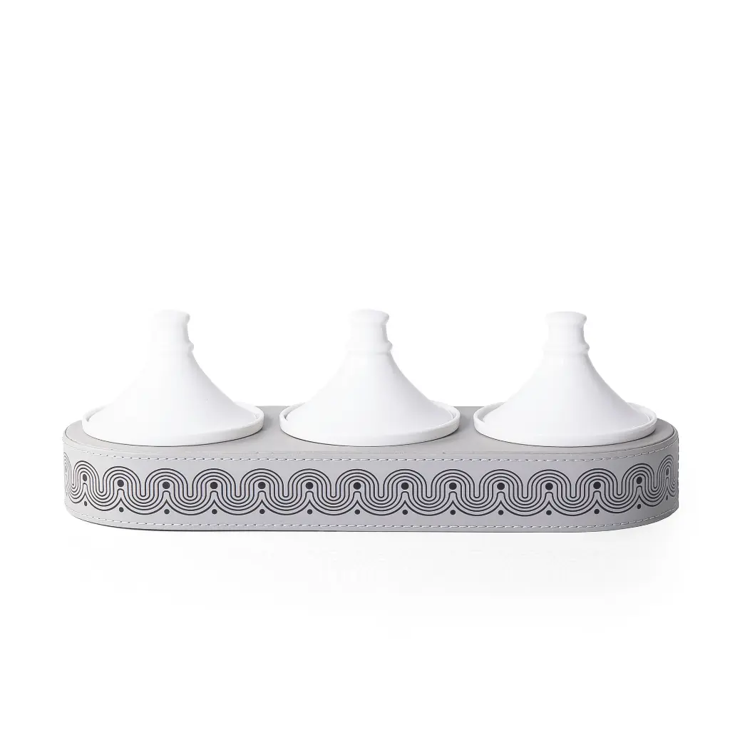 CF-Leather Oval stand with 3 Pyramid-Shaped Ceramic Bowls-40.5x14.5x5cm