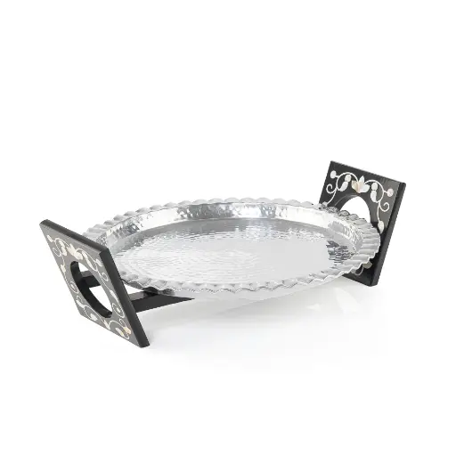 [X140467] CF-Round Aluminium Tray with MOP Resin Stand-M - Siliver Finish - AHE-LB48 - 45*39*12 